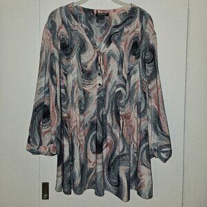 Roz  & Ali Pink & Gray Swirl Pattern Long Sleeve Blouse (3X)